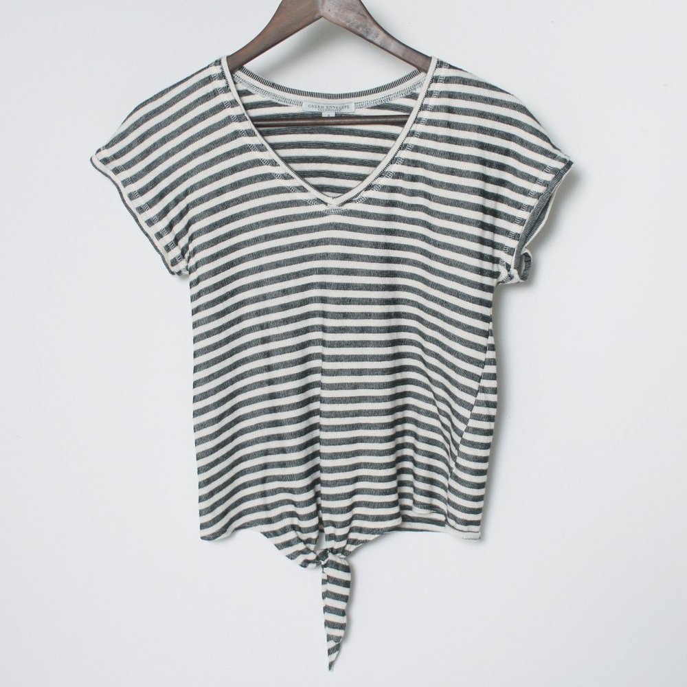 Green Envelope Tie Front Striped Tee